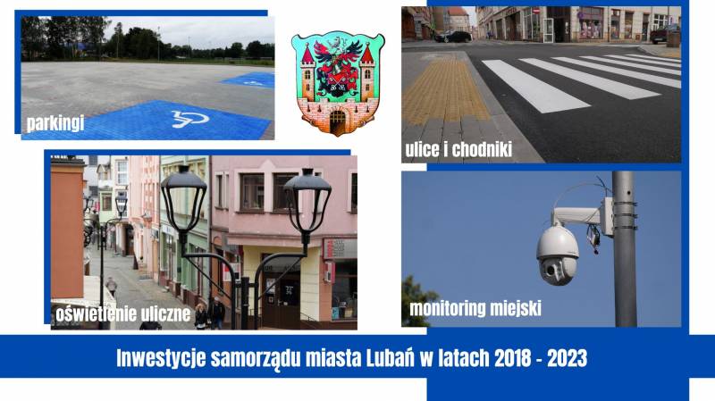 kolaż z czterech zdjęć: nowo powstały parking, wyremontowana ulica, nowe oświetlenie uliczne i kamera monitoringu miejskiego